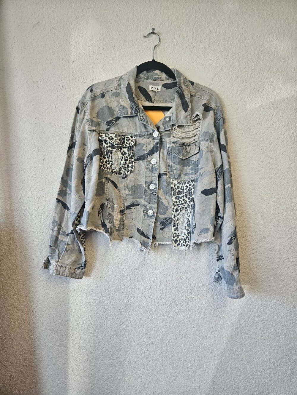 POL Cotton Camouflage Print Eco Chic Large Distressed Jacket
